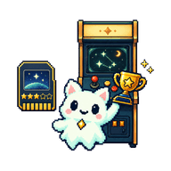 Pixel ghost cat raising a golden trophy in front of an arcade machine, next to a memory card rated three stars.