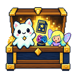 Open pixel treasure chest with a ghost cat, a fairy companion, a memory card and a neon controller inside.