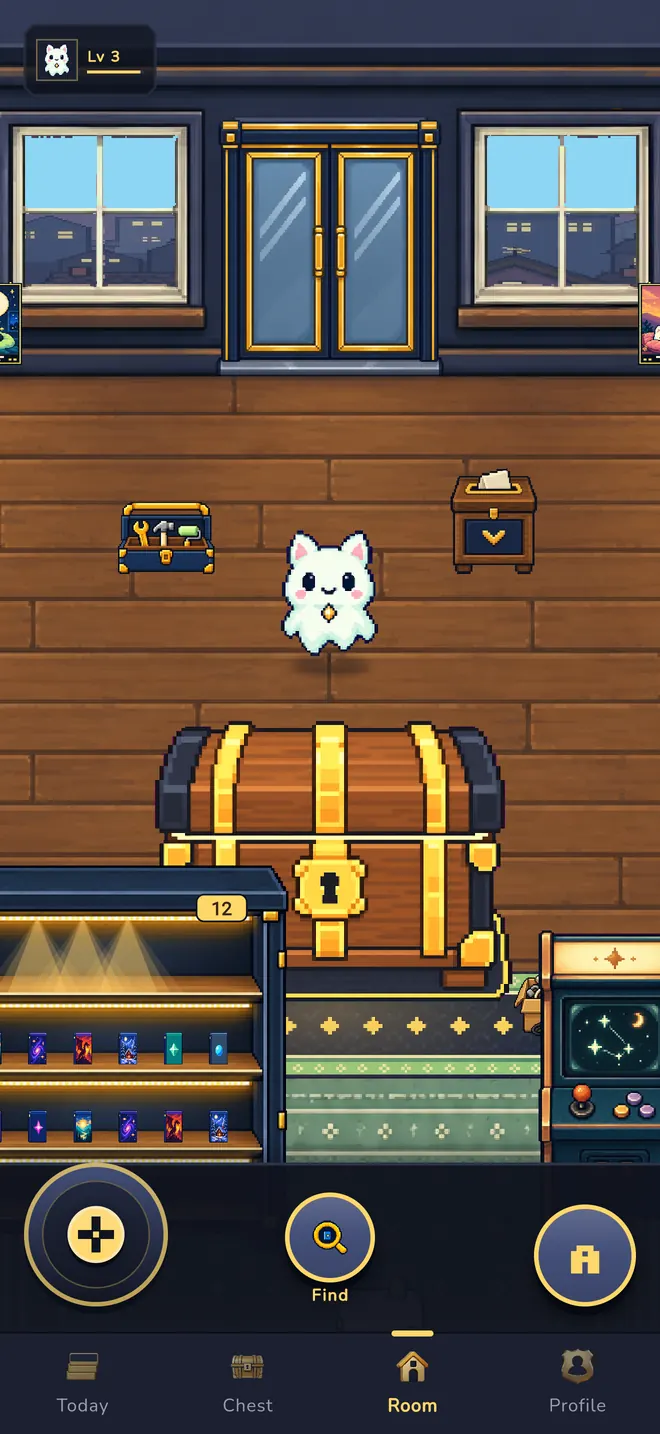 Top-down pixel room with a white ghost-cat companion, a large wooden treasure chest with gold fittings, a lit shelf holding twelve games, an arcade machine and the buttons Add, Find and Room at the bottom.