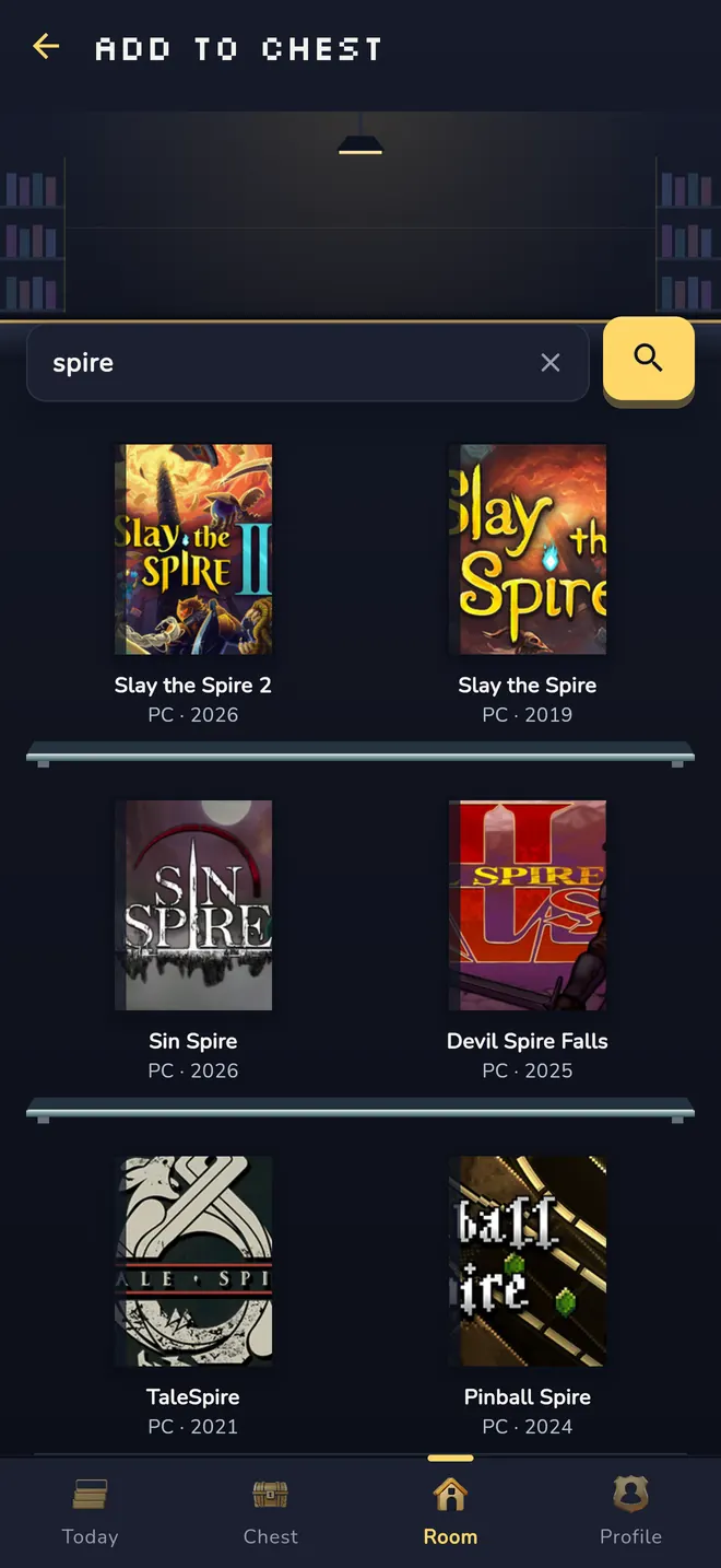 Add to Chest screen with a search field and search results shown as game cases on shelves, each with title, platform and release year.