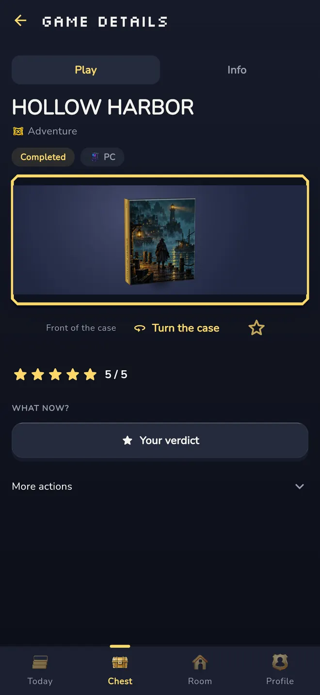 Game details with a Play and an Info tab, the status completed, the platform, a 3D game case you can turn, a five out of five star rating and a Your verdict button.