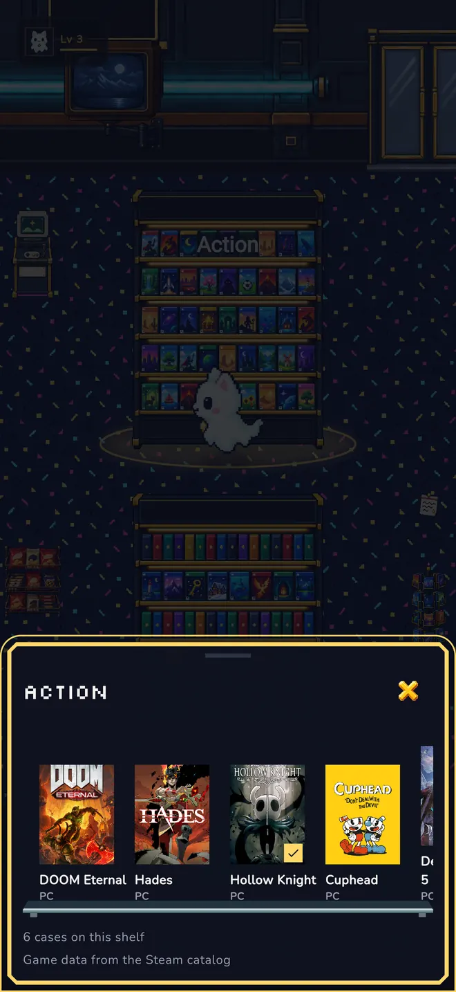 Pixel game shop with shelves sorted by genre; an open panel titled Action shows the game cases on this shelf.