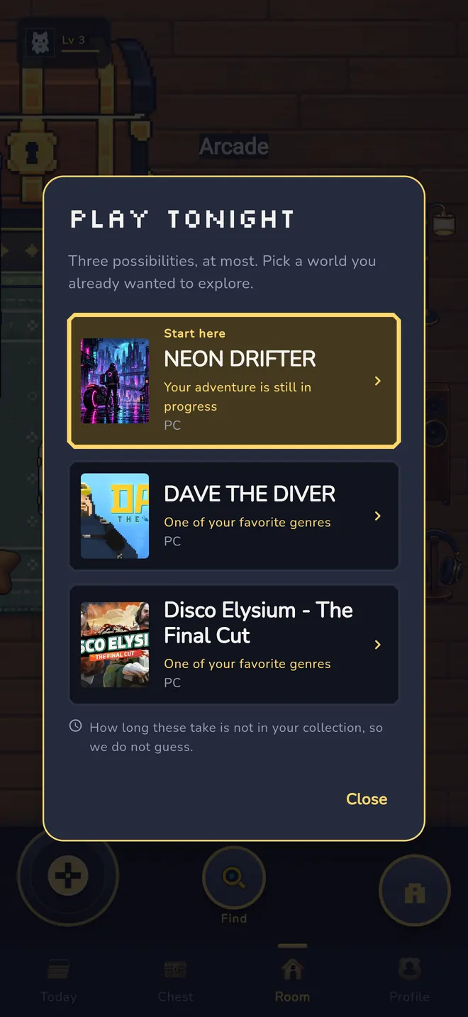 Dialog titled Play tonight with three suggested games from the chest, the first highlighted with Start here, each with a short reason and platform.