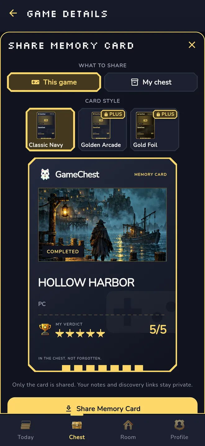 Share Memory Card sheet with the choice between this game and my chest, three card styles named Classic Navy, Golden Arcade and Gold Foil, and a preview card for a completed game rated five out of five.